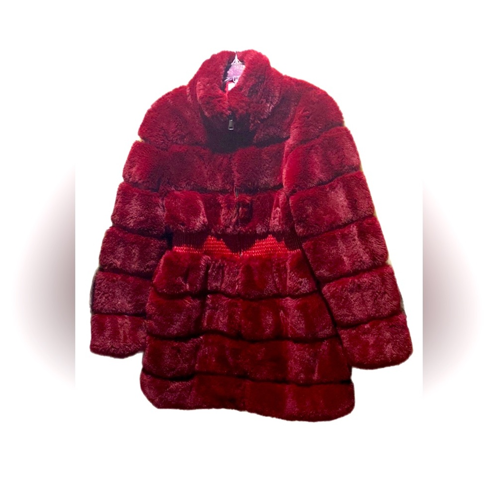AZ RED FAUX FUR/LEATHER ZIP FRONT CLOSURE ELASTIC WAIST COAT SZ L/XL